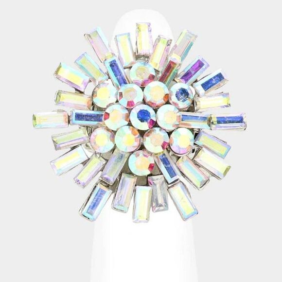 Round Rectangle Abalone Stone Cluster Rhodium Stretch Ring NWT - Picture 1 of 6